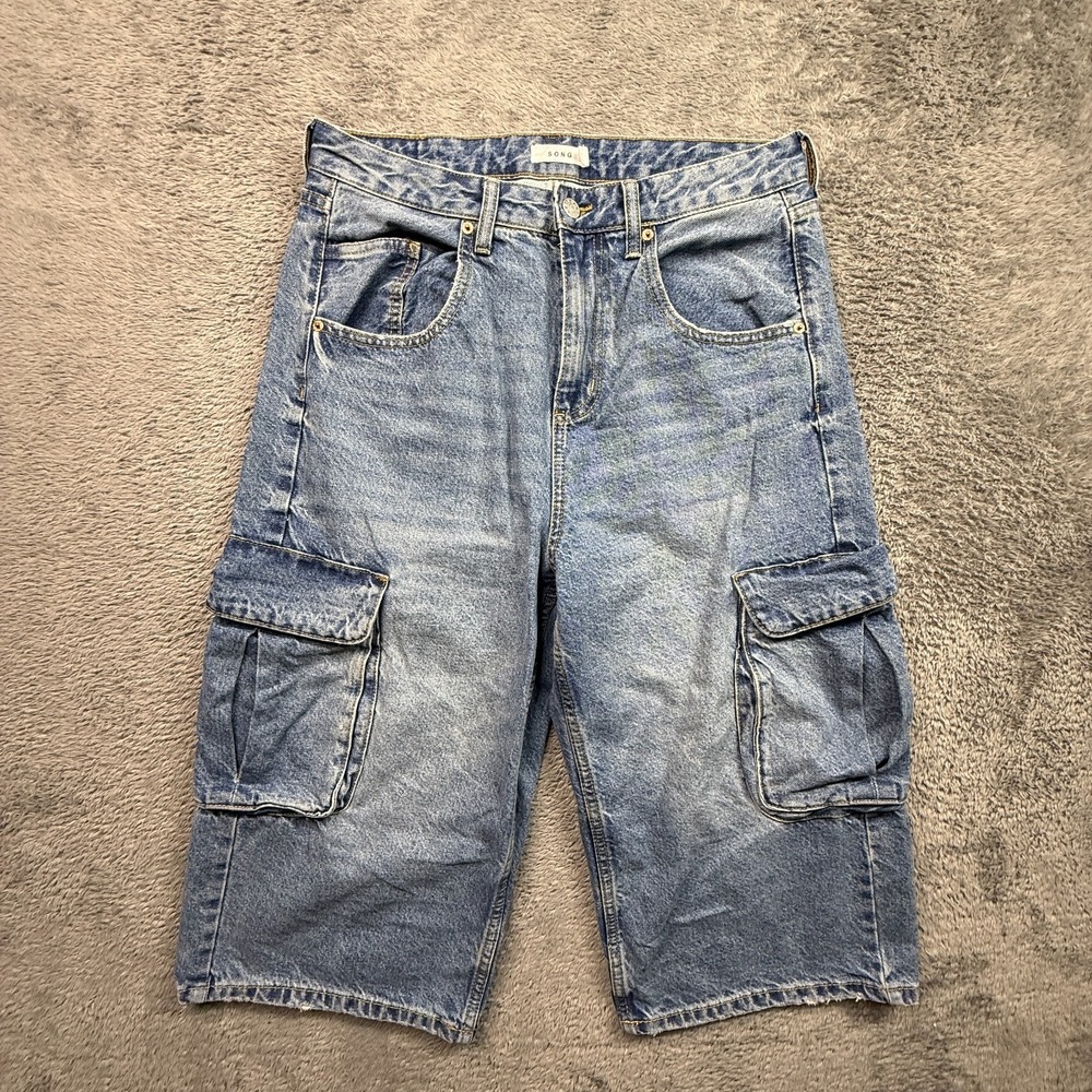 SONG Jorts Cargo Jean Shorts Baggy Womens 7/28 100% Cotton Blue Denim